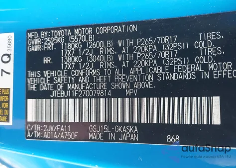 2007 Toyota Fj Cruiser z USA, uszkodzony, nr VIN JTEBU11F270079814